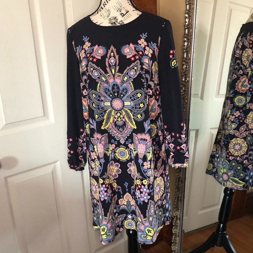 Ann Taylor Loft Long Sleeve Navy Medallion Print Dress Size XS
